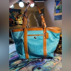 Coach Gallery Signature Jacquard Tote Aqua and Brown F13560